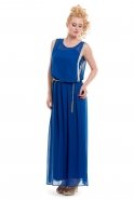 Uzun Saks Mavi Abiye Elbise T2151