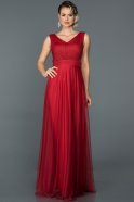 Kırmızı V Yaka Tüllü Elbise ABU056