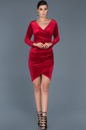 Kırmızı V Yaka Kadife Elbise ABK332