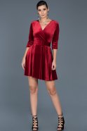 Kırmızı V Yaka Kemerli Kadife Elbise ABK295