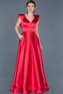 Kırmızı Kolsuz V Yaka Nişan Elbisesi ABU576