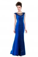 Uzun Saks Mavi Abiye Elbise C3190