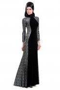 Siyah-Gri Tesettür Abiye Elbise M1431