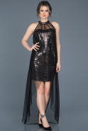 Siyah-Gümüş Tül Detaylı Payetli Elbise ABK376