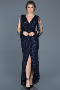 Lacivert Payetli V Yaka Yırtmaçlı Elbise ABO015