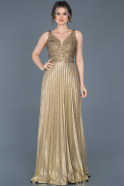 Gold Pileli Uzun Abiye Elbise ABU603