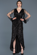 Siyah Payetli V Yaka Yırtmaçlı Elbise ABO015