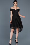 Siyah Önü Kısa Arkası Uzun Kayık Yaka Mezuniyet Elbisesi ABO018