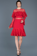 Kırmızı Dantelli Uzun Kollu Davet Elbisesi ABK426