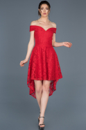 Kırmızı Önü Kısa Arkası Uzun Güpürlü Davet Elbisesi ABO023