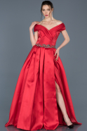 Kırmızı Kayık Yaka Saten Nişan Elbisesi ABU691