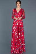 Kırmızı Uzun Kollu V Yaka Çiçekli Abiye Elbise ABU701