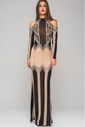 Uzun Siyah-Ten Taş İşlemeli Transparan Elbise KR53655