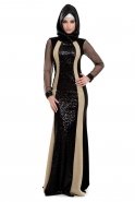 Uzun Siyah-Gold Abiye Elbise C3104