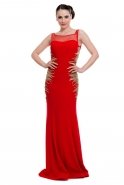 Uzun Kırmızı-Gold Abiye Elbise C3005