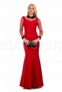 Uzun Kırmızı-Siyah Yakalı Abiye Elbise C6163