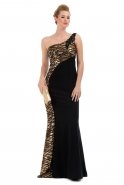 Uzun Siyah-Gold Abiye Elbise O1044