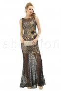 Fileli Uzun Siyah-Gold Abiye Elbise O1030