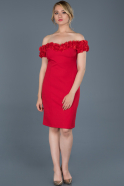 Kırmızı Kısa Kayık Yaka Çiçekli Davet Elbisesi ABK511