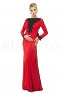 Kırmızı Siyah Dantel İşlemeli Arkası Fiyonklu Abiye Elbise M1370