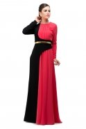 Uzun Kollu Mercan-Siyah Uzun Abiye Elbise S3614
