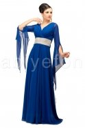 Kolları Tüllü Belden Bağlamalı Saks Mavi Abiye Elbise F375