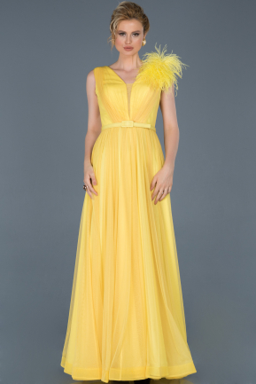 Sarı Uzun Otriş Detaylı V Yaka Abiye Elbise ABU810