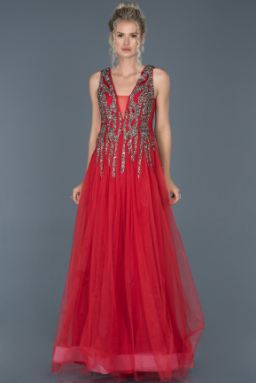Kırmızı Uzun Özel Tasarım Taşlı Abiye Elbise ABU878