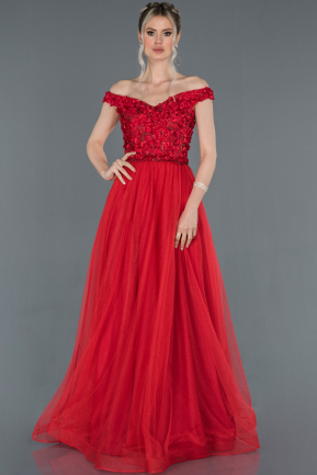 Kırmızı Kayık Yaka Gül İşlemeli Prenses Abiye Elbise ABU1203