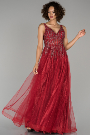 Kırmızı Kristal Taş İşlemeli Nişan Elbisesi ABU1454