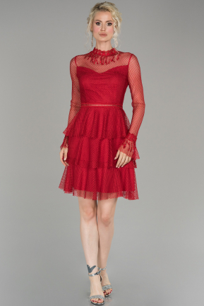 Kırmızı Kısa Güpürlü Mezuniyet Elbisesi ABK626