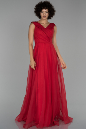 Kırmızı Uzun V Yaka Prenses Abiye Elbise ABU1525