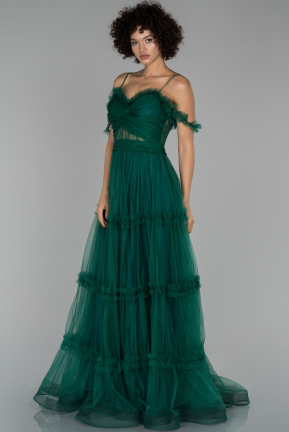 Zümrüt Yeşili Uzun Eteği Fırfırlı Askılı Abiye Elbise ABU1514