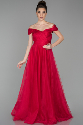 Kırmızı Uzun Kayık Yaka Prenses Model Abiye Elbise ABU1585