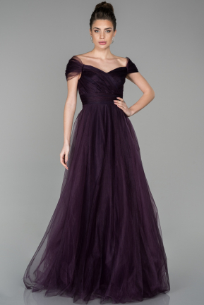 Mor Uzun Kayık Yaka Prenses Model Abiye Elbise ABU1585