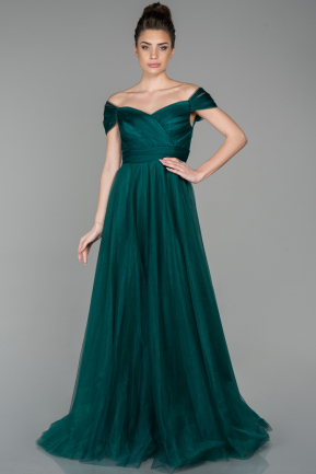 Zümrüt Yeşili Uzun Kayık Yaka Prenses Model Abiye Elbise ABU1585