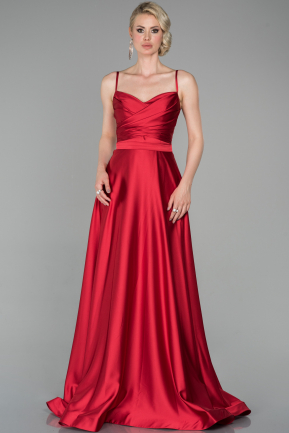 Kırmızı Uzun İp Askılı Saten Abiye Elbise ABU1601