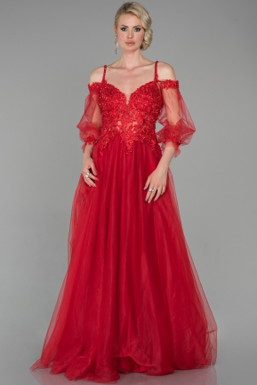 Kırmızı Uzun Güpür Taş İşlemeli Uzun Kol Detaylı Askılı Abiye Elbise ABU1579