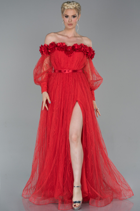 Kırmızı Uzun Kayık Yaka Uzun Kol Bacak Dekolteli Simli Abiye Elbise ABU1635