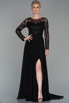 Siyah Taşlı Uzun Kol Yırtmaçlı Nişan Elbisesi ABU1020