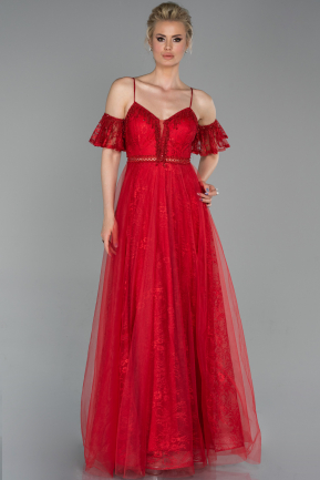 Kırmızı Uzun Askılı Simli Tül Güpür Abiye Elbise ABU1637