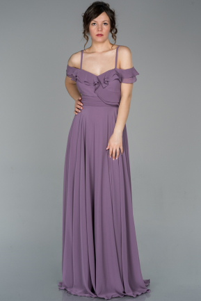 Lavanta Uzun Yakası Fırfırlı Askılı Şifon Abiye Elbise ABU1657