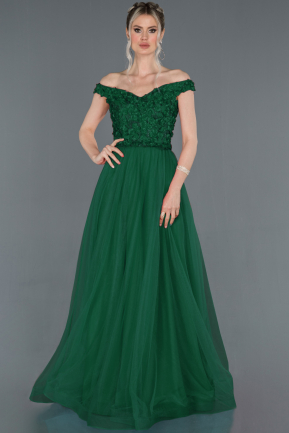 Zümrüt Yeşili Kayık Yaka Gül İşlemeli Prenses Abiye Elbise ABU1203