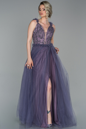 Lavanta Uzun Bacak Dekolteli Prenses Model Abiye Elbise ABU1686