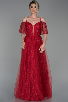 Kırmızı Uzun Taşlı Tül Nişan Elbisesi ABU1688