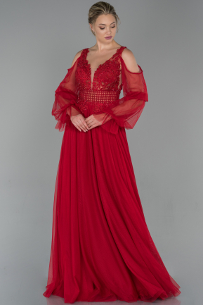 Kırmızı Uzun Transparan Uzun Kol Taşlı Abiye Elbise ABU1708