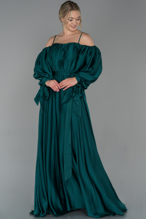 Zümrüt Yeşili Uzun Kol Saten Nişan Elbisesi ABU1656