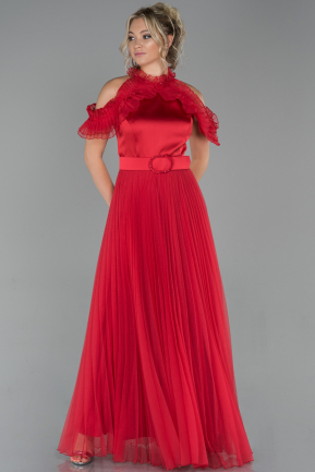 Kırmızı Ateş Pile Kolları Fırfırlı Kemerli Uzun Abiye Elbise ABU1788