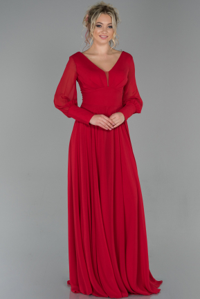 Kırmızı Uzun Kol V Yaka Şifon Abiye Elbise ABU1797