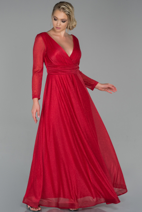 Kırmızı Uzun Kol Kruvaze Yaka Simli Abiye Elbise ABU1833